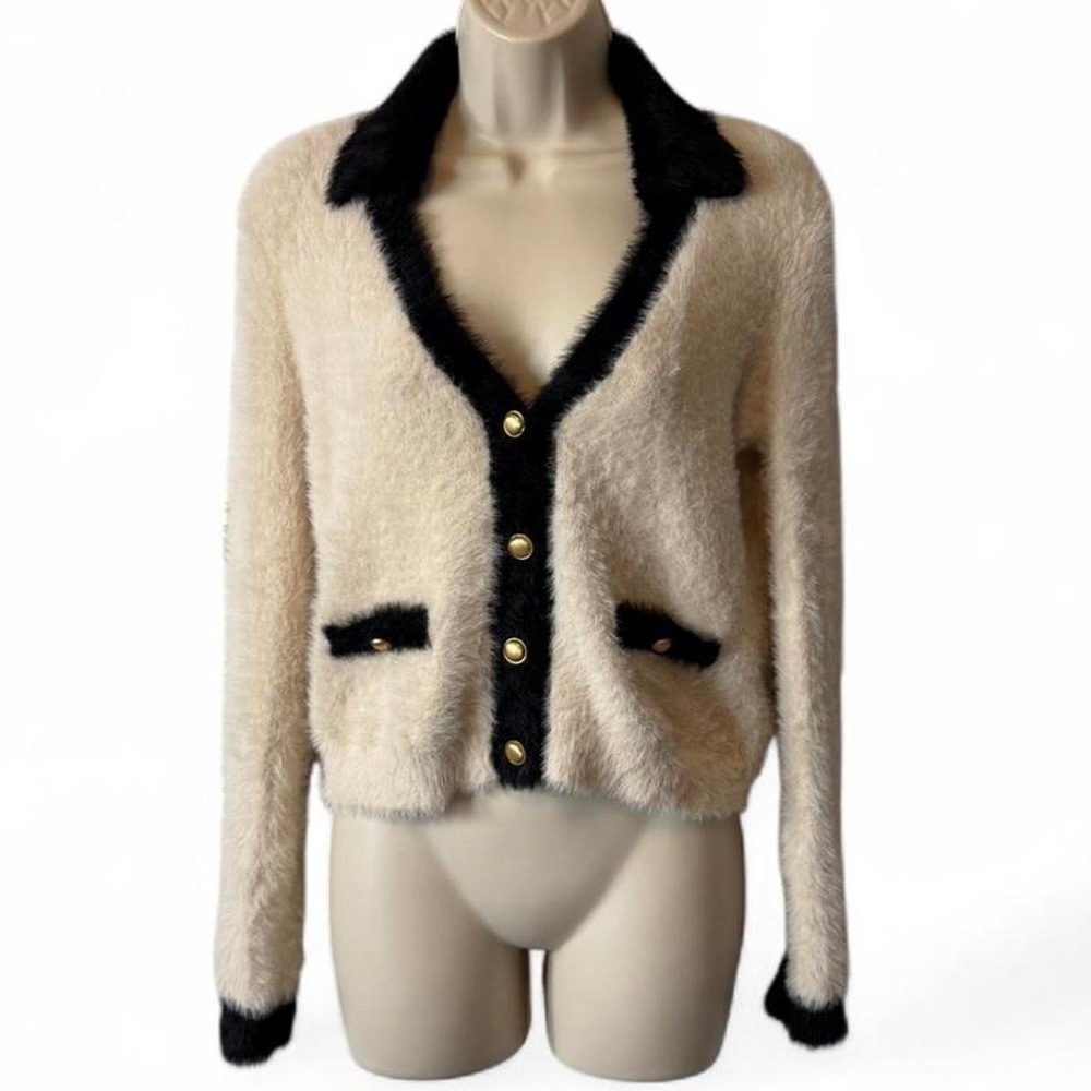 Express Tipped Faux Fur Novelty Button Cropped Cardigan Sweater, Women's Size S